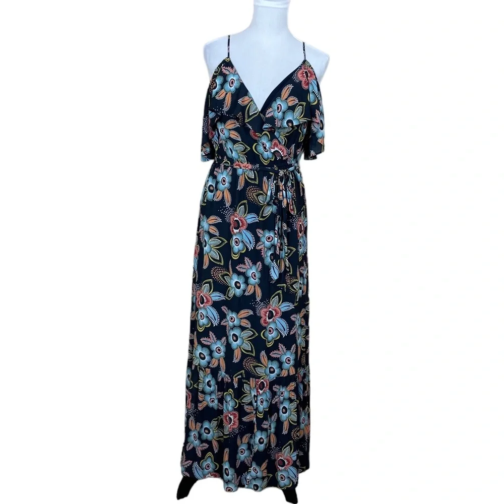 EUC Ann Taylor LOFT Muliticolor Floral Cold Shoulder Ruffle Maxi Dress